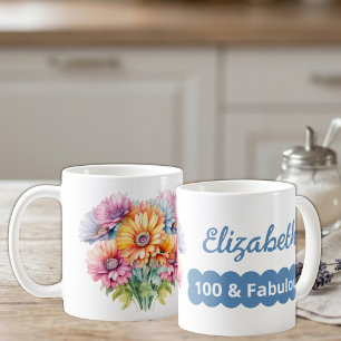 Mug nom d'anniversaire 100 ans fleurs de gerbera bleue