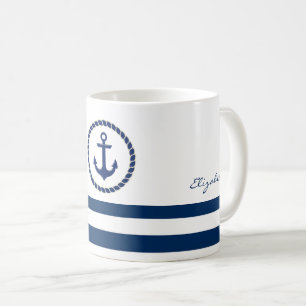 Mug Nom de bateau nautique, ancre bleu marine rayé