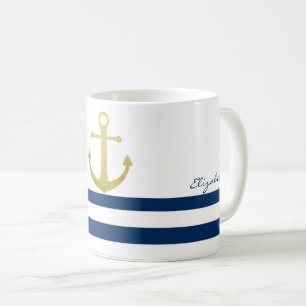 Mug Nom de bateau nautique, Bandes bleu marine Ancre d