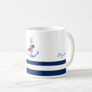Mug Nom de bateau nautique, bleu ancre rayé bleu marin