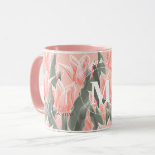 Mug Nom De Famille Élégant Monogramme Peach Tulips P