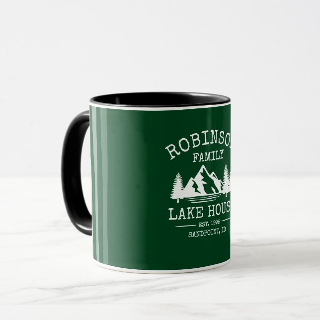 Mug Nom de famille Lake House Trees Forest Green Deux  (Devant gauche)