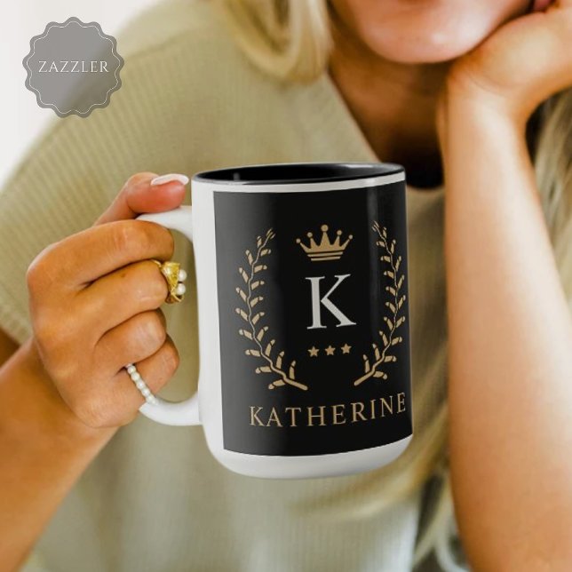 Mug Nom de la Personnaliser et premier monogramme noir (Customize Name & Initial Black White Gold Monogram Mug)