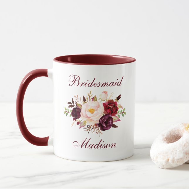 Mug Nom de la servante Aquarelle Bourgogne Floral (Avec donut)