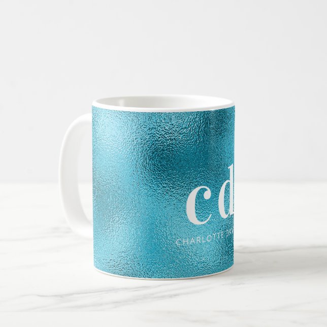 Mug Nom de monogramme blanc bleu océan (Devant gauche)