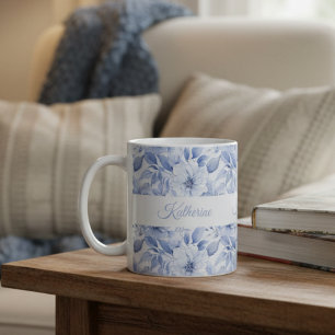 Mug Nom de motif floral aquarelle bleu moderne