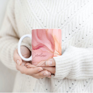 Mug Nom de script moderne Peach Floral Aquarelle