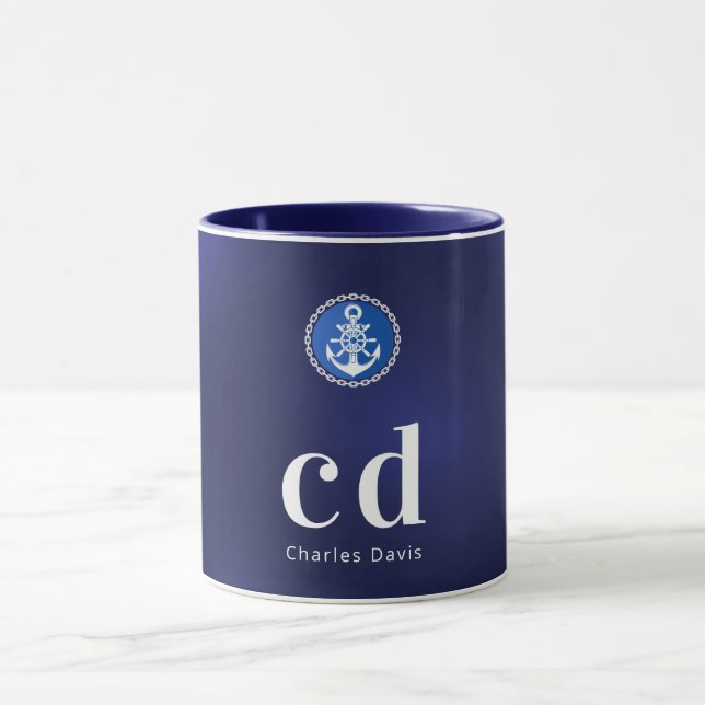 Mug Nom des initiales du monogramme nautique bleu mari (Centre)