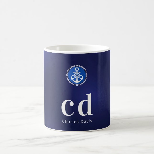 Mug Nom des initiales du monogramme nautique bleu mari (Centre)