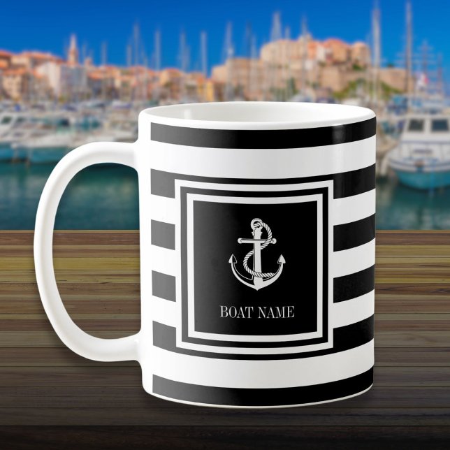 Mug Nom du bateau Ancre en bande noire et blanche (Boat Name Black And White Stripe Anchor Coffee Mug)
