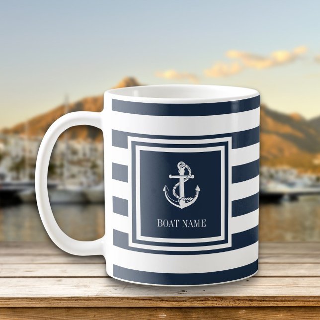 Mug Nom du bateau Marine Bleue Bande Ancre nautique (Boat Name Navy Blue Stripe Nautical Anchor Coffee Mug)