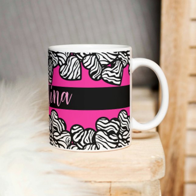 Mug Nom du coeur du motif zèbre rose chaud et blanc (Créateur téléchargé)