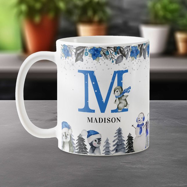 Mug Nom du monogramme de pingouin Noël (Créateur téléchargé)