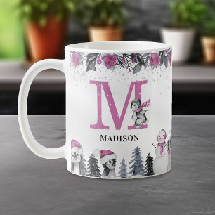 Mug Nom du monogramme de pingouin Noël
