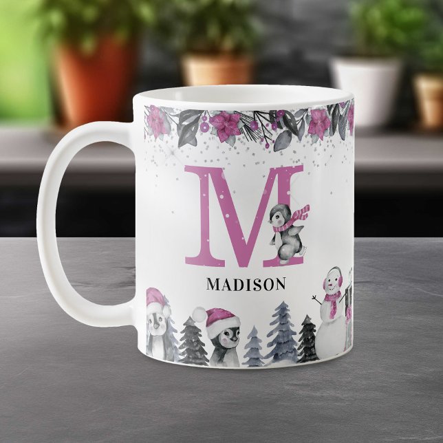 Mug Nom du monogramme de pingouin Noël (Créateur téléchargé)