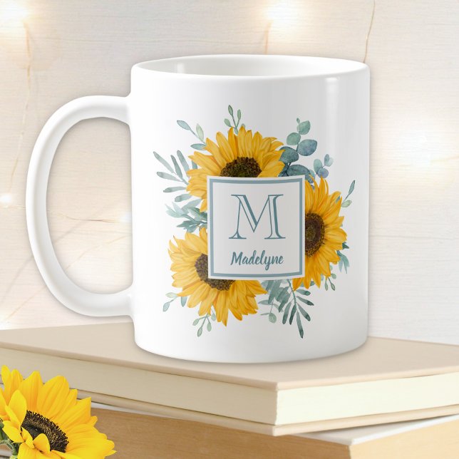 Mug Nom du monogramme de tournesol personnalisé (Créateur téléchargé)