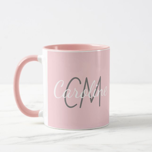 Mug Nom du monogramme personnalisé élégant rose blanc (Gauche)