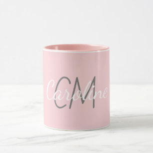 Mug Nom du monogramme personnalisé élégant rose blanc