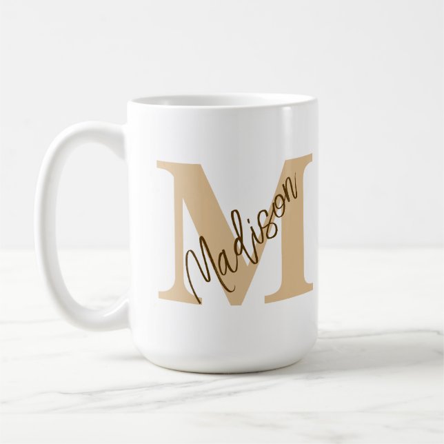 Mug Nom du monogramme personnalisé Tan Brown Musique (Gauche)