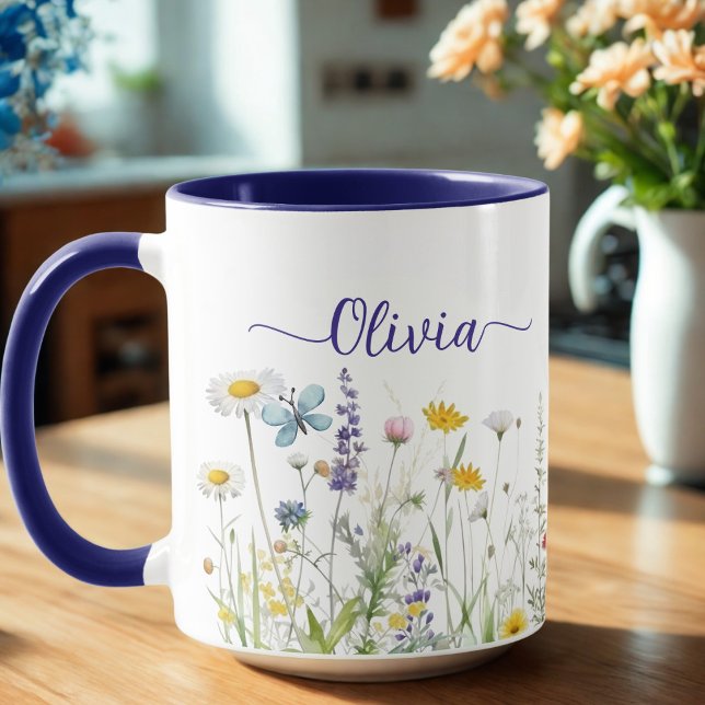 Mug Nom du script personnalisé bleu fleur sauvage (Wildflowers Custom script name Mug)