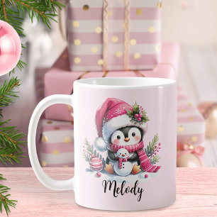 Mug Nom du script Pingouin mignon Noël rose