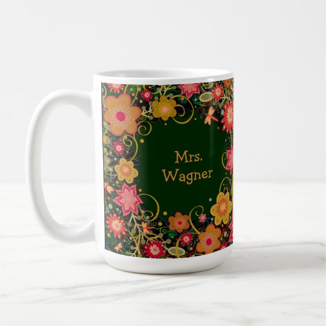Mug Nom et devis de l'enseignant floral personnalisé (Gauche)