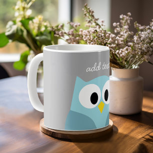 Mug Nom fait sur commande bleu et gris de hibou mignon