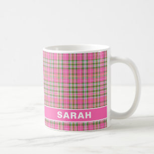 Mug Nom féminin à carreaux tartan rose et vert