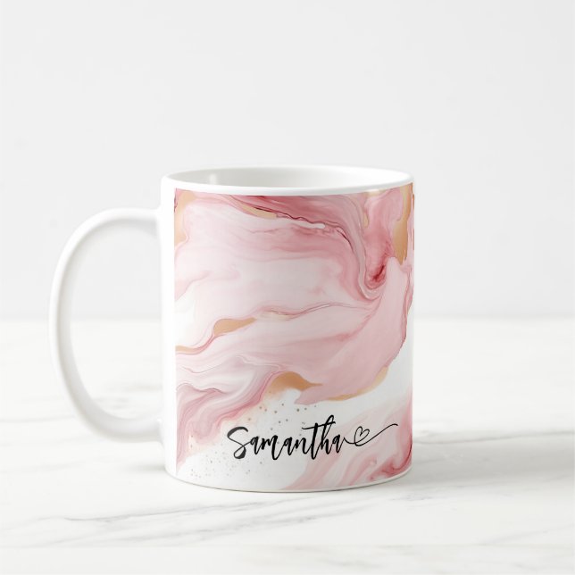 Mug Nom Fleur de marbre clair personnalisé avec coeur (Gauche)
