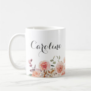 Mug Nom floral aquarelle rose poussiéreux