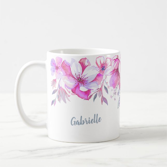 Mug Nom floral de coutume de frontière d'aquarelle (Gauche)