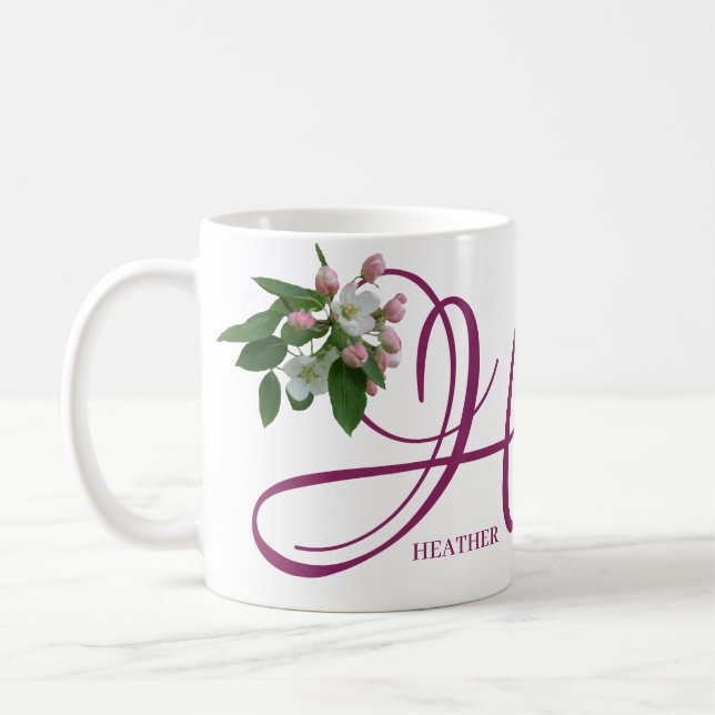 Mug Nom Heather personnalisable monogramme rose floral (Gauche)