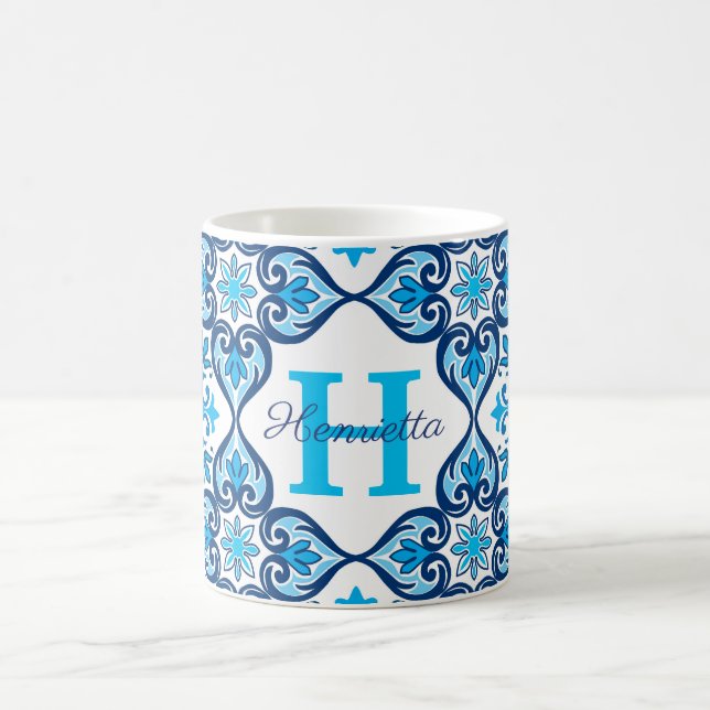 Mug 💙🤍 Nom + initiale bleu - blanc Azulejos X,   (Centre)