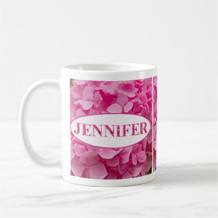 Mug Nom "Jennifer" en Pink Hydrangea Floral Lettres