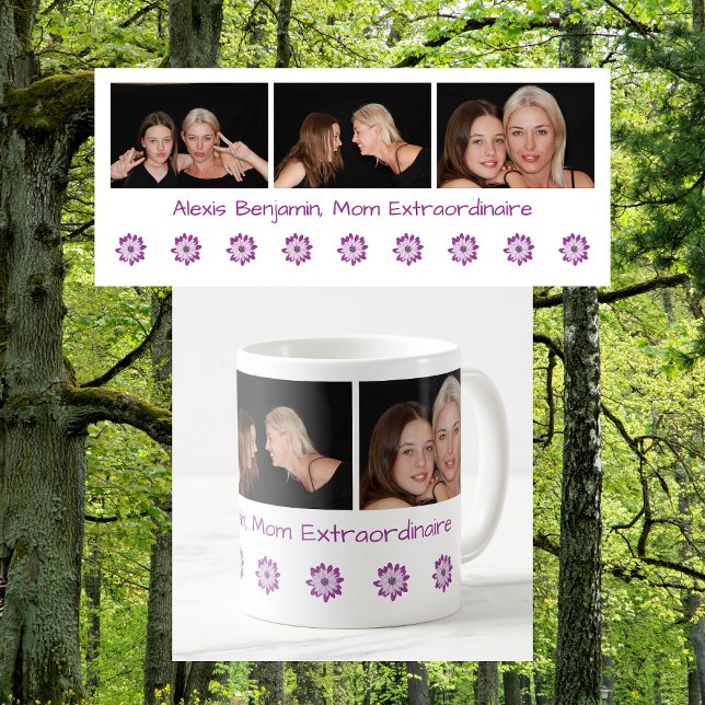 Mug Nom Maman Extraordinaire Best Mom Ever + 3 Photos (Mom Extraordinaire. Or Best Mom Ever. Personalized name + 3 photos + flowers. Cute Mother's Day gift)