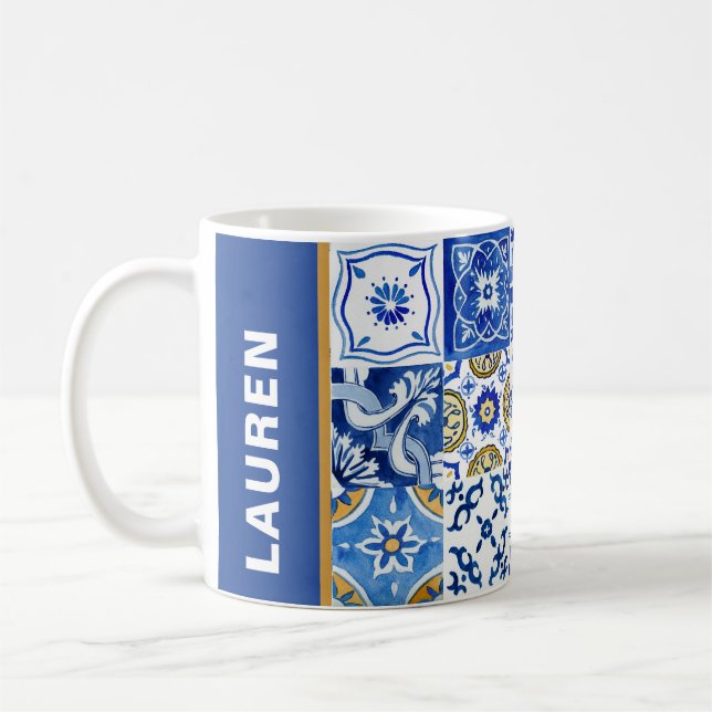 Mug Nom méditerranéen Bleu, Blanc, Aquarelle Jaune (Gauche)