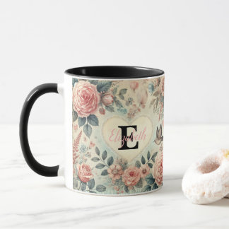 Mug Nom monogramme Coeurs romantiques vintages rose fl