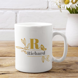 Mug Nom Monogramme Lettre Initiale Laurier Floral Café
