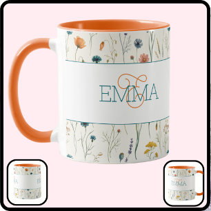 Mug Nom Monogramme Motif Fleur Sauvage Bohème Orange T