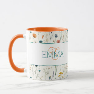 Mug Nom Monogramme Motif Fleur Sauvage Bohème Orange T
