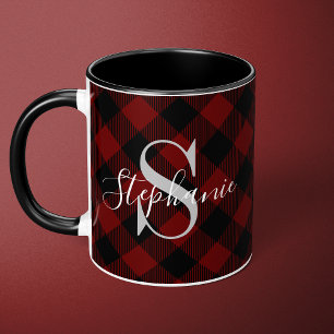 Mug Nom Monogramme Rustique à Carreaux Rouge de Buffal