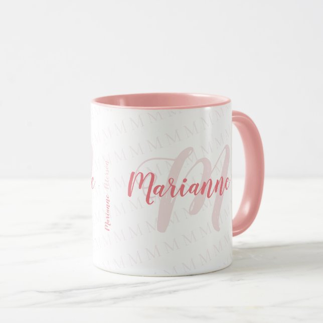 Mug nom monogrammed manuscrit / monogramme rose (Devant droit)