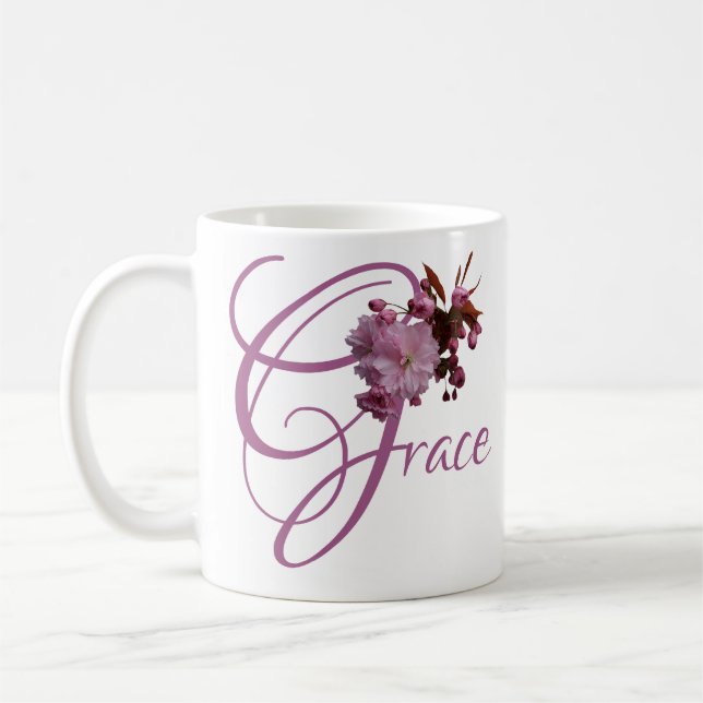 Mug Nom personnalisable Grace rose cerisier boho fleur (Gauche)
