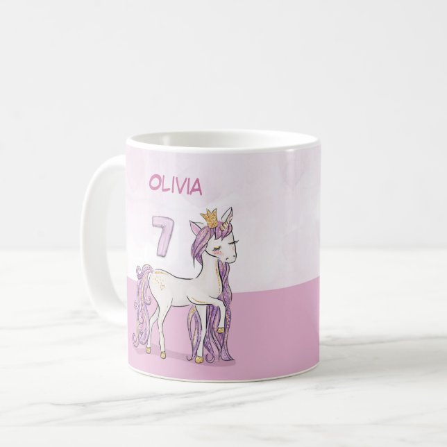 Mug Nom personnalisé 7e anniversaire Cheval rose avec  (Devant gauche)