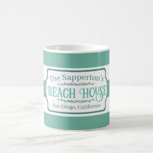 Mug Nom personnalisé Beach House Turquoises bandes