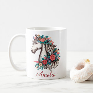Mug Nom personnalisé Boho Horse avec Fleurs