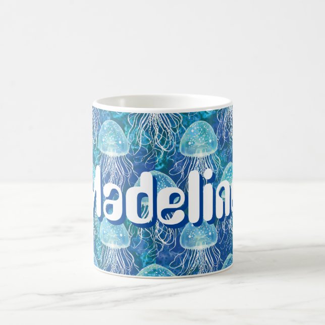 Mug Nom personnalisé Bright Blue White et Aqua Jellfis (Centre)