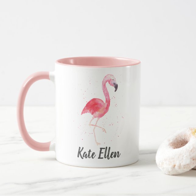 Mug Nom personnalisé du Flamant rose d'aquarelle (Avec donut)