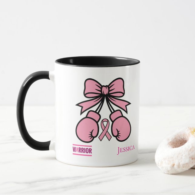 Mug Nom personnalisé du guerrier du cancer du sein ros (Avec donut)
