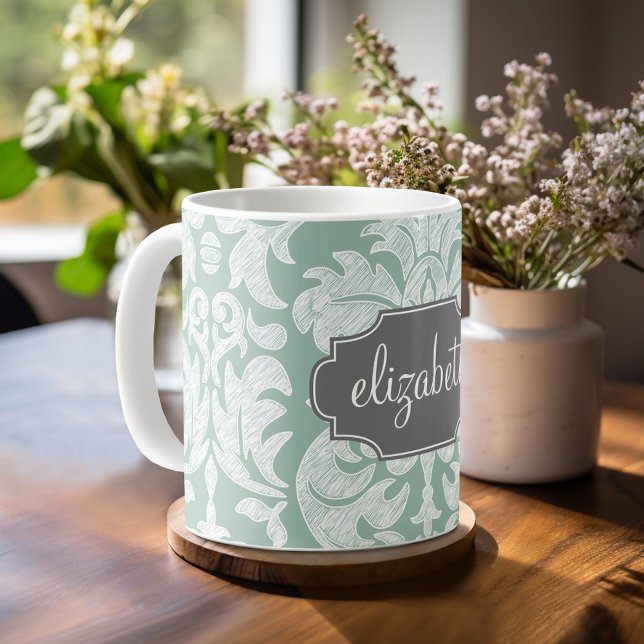 Mug Nom personnalisé du modèle de damas à la menthe et (Mug template with Monogram)
